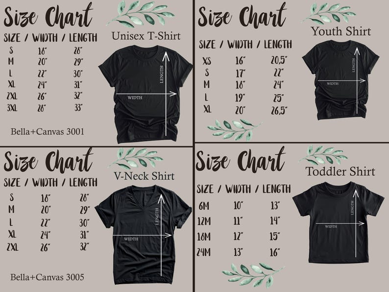 May include: Size chart for unisex, youth, toddler, and V-neck t-shirts. The chart shows the size, width, and length in inches for each shirt style.