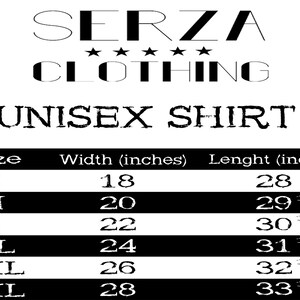 May include: Unisex shirt size chart with measurements in inches. The chart shows the width and length of the shirt in inches for sizes S, M, L, XL, 2XL, and 3XL.