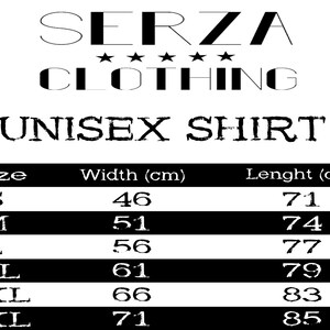 May include: A size chart for a unisex shirt, showing the width and length in centimeters for sizes S, M, L, XL, 2XL, and 3XL.