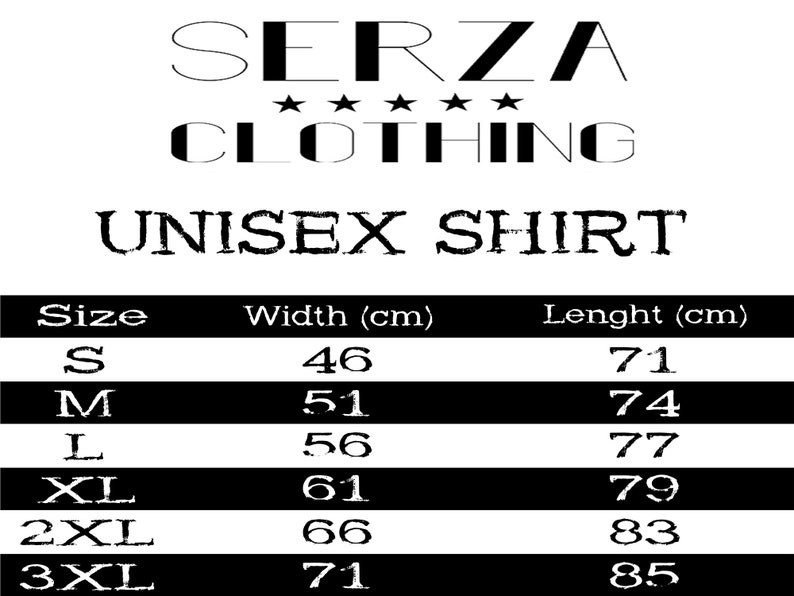 May include: A size chart for a unisex shirt, showing the width and length in centimeters for sizes S, M, L, XL, 2XL, and 3XL.