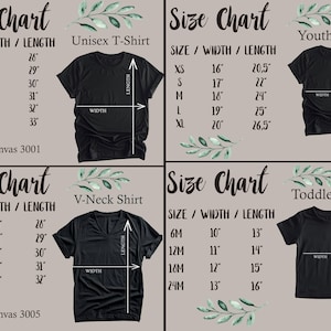 May include: Size chart for unisex, youth, toddler, and V-neck t-shirts. The chart shows the size, width, and length in inches for each shirt style.