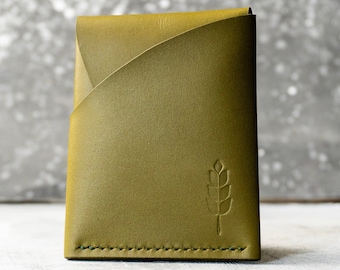 Olive Leather Card Holder, Minimalist Handmade Wallet