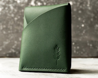 Green Leather Card Holder Wallet, Italian Capri Leather, Handmade