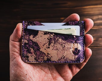 Cartera delgada de cuero morado, tarjetero minimalista para bolsillo delantero