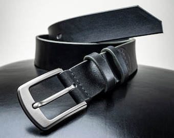 Handmade Black Leather Dress Belt, Silver Buckle, Full Grain Cowhide