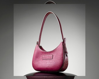 Half Moon Bag Arc De Triomphe Bag Genuine Leather Pink "Croco" Color Crescent Bag Underarm Small Round Bag  Casual Women Hobo Handbag