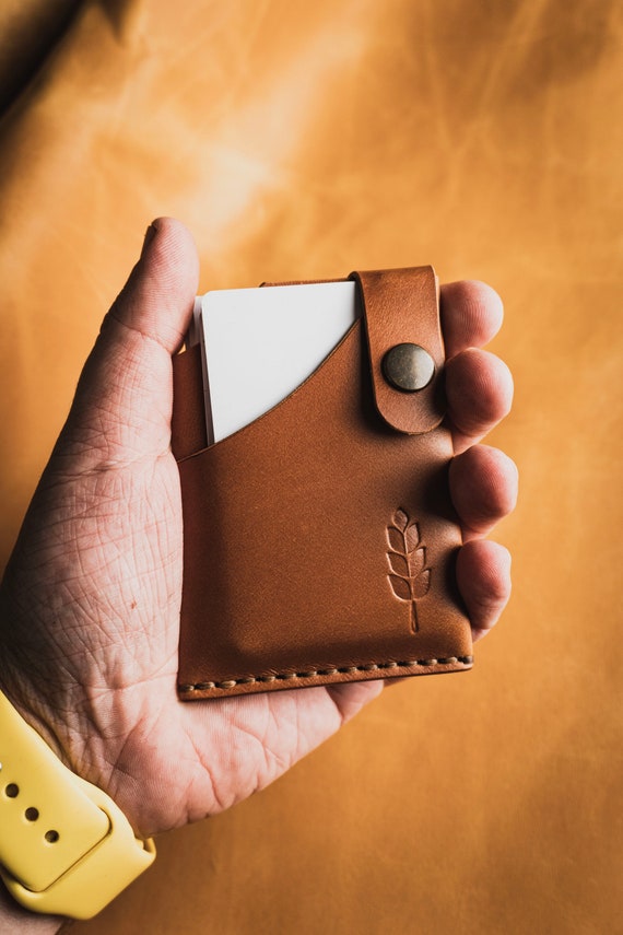 Personalized Light Brown Leather Card Holder Wallet, Handmade
