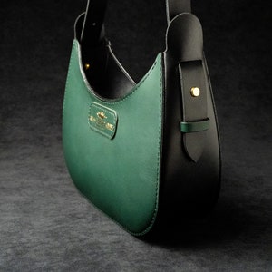 Black Half Moon Bag, Arc De Triomphe Bag, Genuine Leather, Crescent Bag, Underarm Small Round Bag, Casual Women Hobo Handbag Green + Black