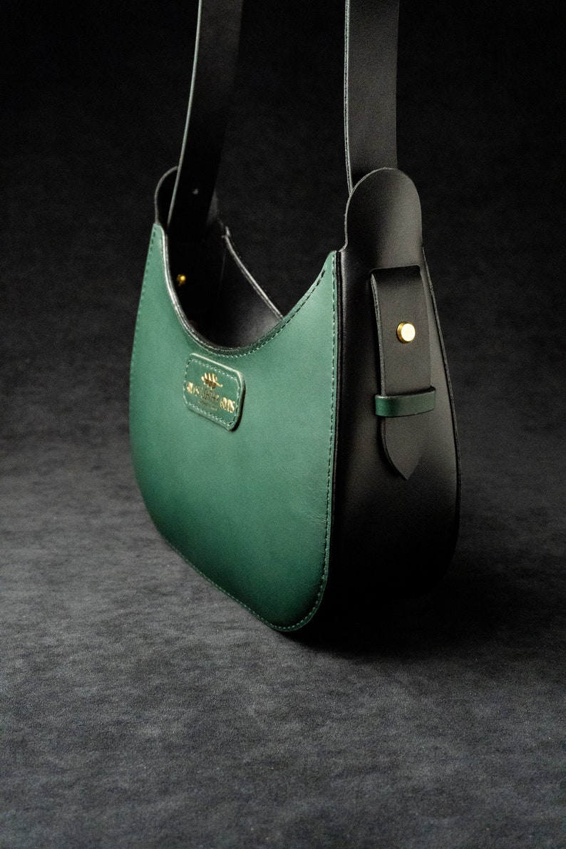 Black Half Moon Bag, Arc De Triomphe Bag, Genuine Leather, Crescent Bag, Underarm Small Round Bag, Casual Women Hobo Handbag Green + Black