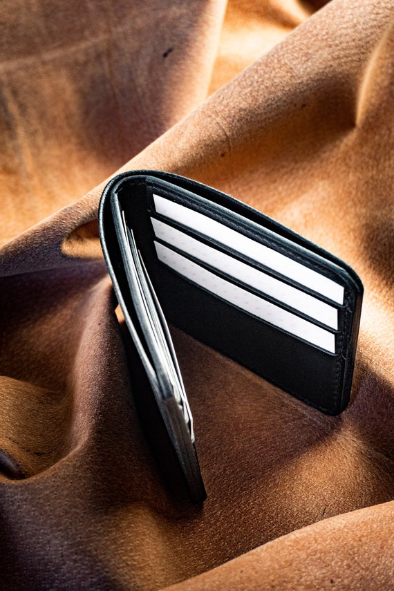 Handmade Black Leather Bifold Wallet, Slim Cardholder - Etsy display picture 3