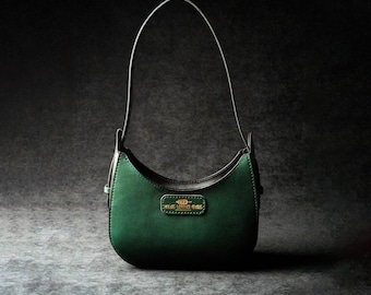 Half Moon Bag, Arc De Triomphe Bag, Genuine Leather, Green Emerald and Black Color, Crescent Bag, Underarm Small Round Bag, Hobo Handbag