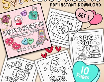 Valentines Day Coloring Pages-Sweet Love & Hearts | 10 Printable Designs for Kids and Adults | Bold and Easy | Instant PDF Download | Set 1