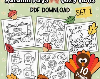Autumn Days Cozy Vibes Coloring Pages | 10 Relaxing Fall Designs | Perfect for Adults, Teens, and Seniors | Instant PDF Download | Set 1