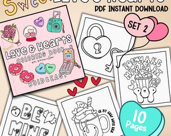 Valentines Day Coloring Pages-Sweet Love & Hearts | 10 Printable Designs for Kids and Adults | Bold and Easy | Instant PDF Download | Set 2