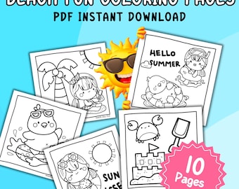 Fun Beach Coloring Pages | 10 Easy Printable Summer Designs for Kids & Adults | Cute Sandcastles, Pool, Ice Cream, Tropical | PDF Download
