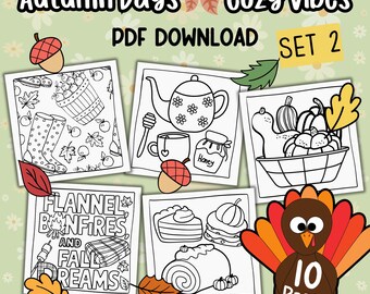 Autumn Days Cozy Vibes 10 Pages -Set 2 | Fall Holiday Designs | Coloring Activity for Adults, Kids, Teens and Seniors | Instant PDF Download