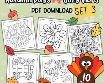 Autumn Days Cozy Vibes 10 Pages -Set 3 | Fall Holiday Designs | Coloring Activity for Adults, Kids, Teens and Seniors | Instant PDF Download