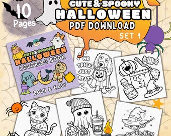 Halloween Coloring Pages | 10 Cute Spooky Designs | Perfect for Parties, Fun Activities for Kids Teens Adults | Instant PDF Download | Set 1
