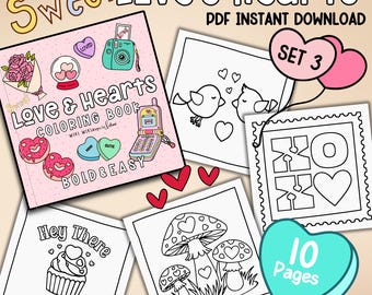 Valentines Day Coloring Pages-Sweet Love & Hearts | 10 Printable Designs for Kids and Adults | Bold and Easy | Instant PDF Download | Set 3