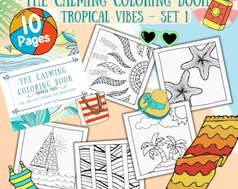 Tropical Coloring Pages Printable | Relaxing Beach and Summer Designs for All Ages | Set 1 | Bold Easy Designs | Instant PDF Download