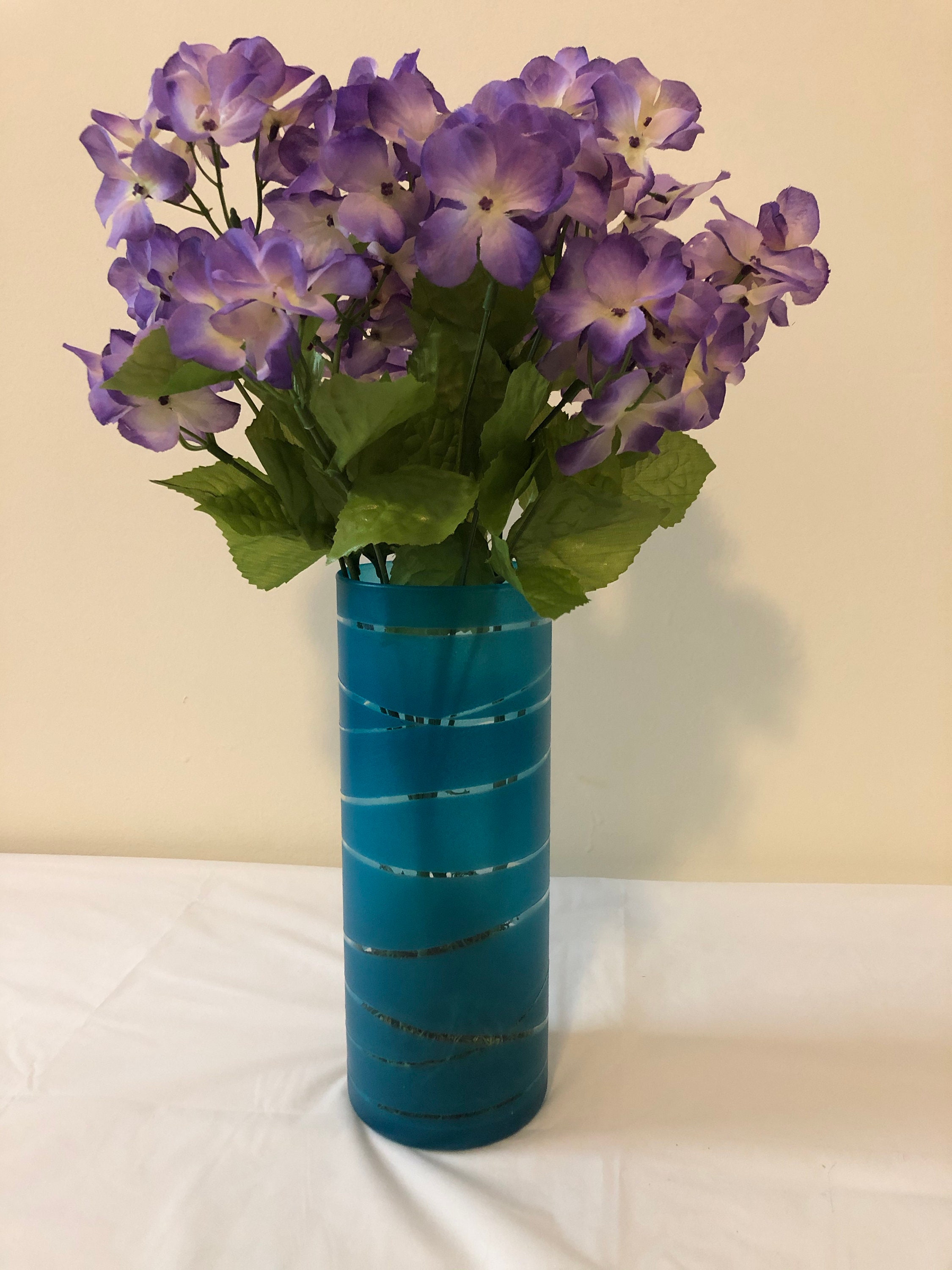 Teal Frosted Hand Painted Vase with Purple Hydrangeas Teal Etsy