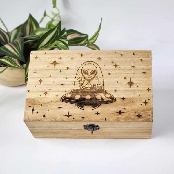 Smoking Alien on Stash Box W/ Grinder, Jar, Lighters, & More | Gift for Stoner, Alien Gift, Gift for Smoker