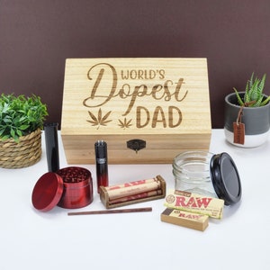 Stash Box W/ Worlds Dopest Dad engraving with Grinder, Smell-Proof Jar, Lighters, & More | Gift for Father, Smoker Stash Box