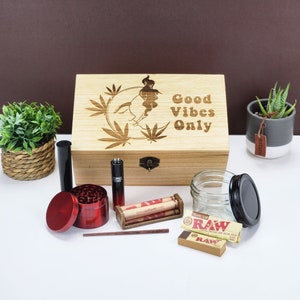 Good Vibes Only on Stash Box with Grinder, Smell-Proof Jar, Lighters, & More | Gift for Vibes, Stoner Stashbox Set