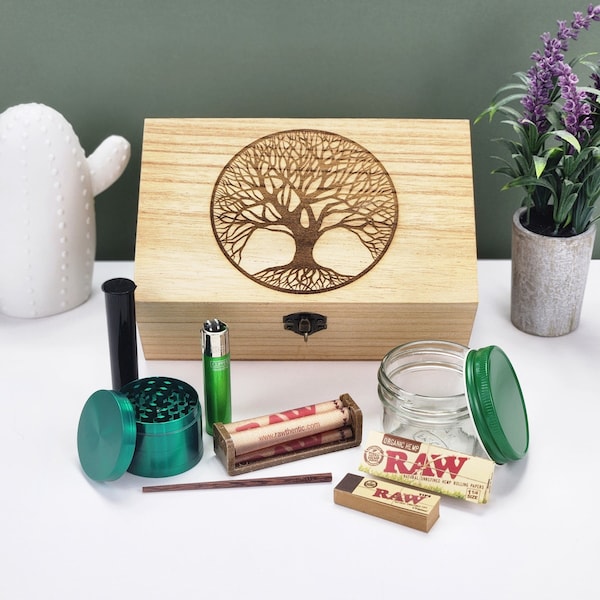 Tree of Life on Wooden Stash Box Set W/ Grinder, Jar, Lighters, & More | Gift for Plant Lover, Stoner Gift
