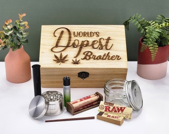 Worlds Dopest Brother on Wooden Stash Box w/ Grinder, Smell-Proof Jar, Lighters, & More | Gift for Brother, Gift For Stoner
