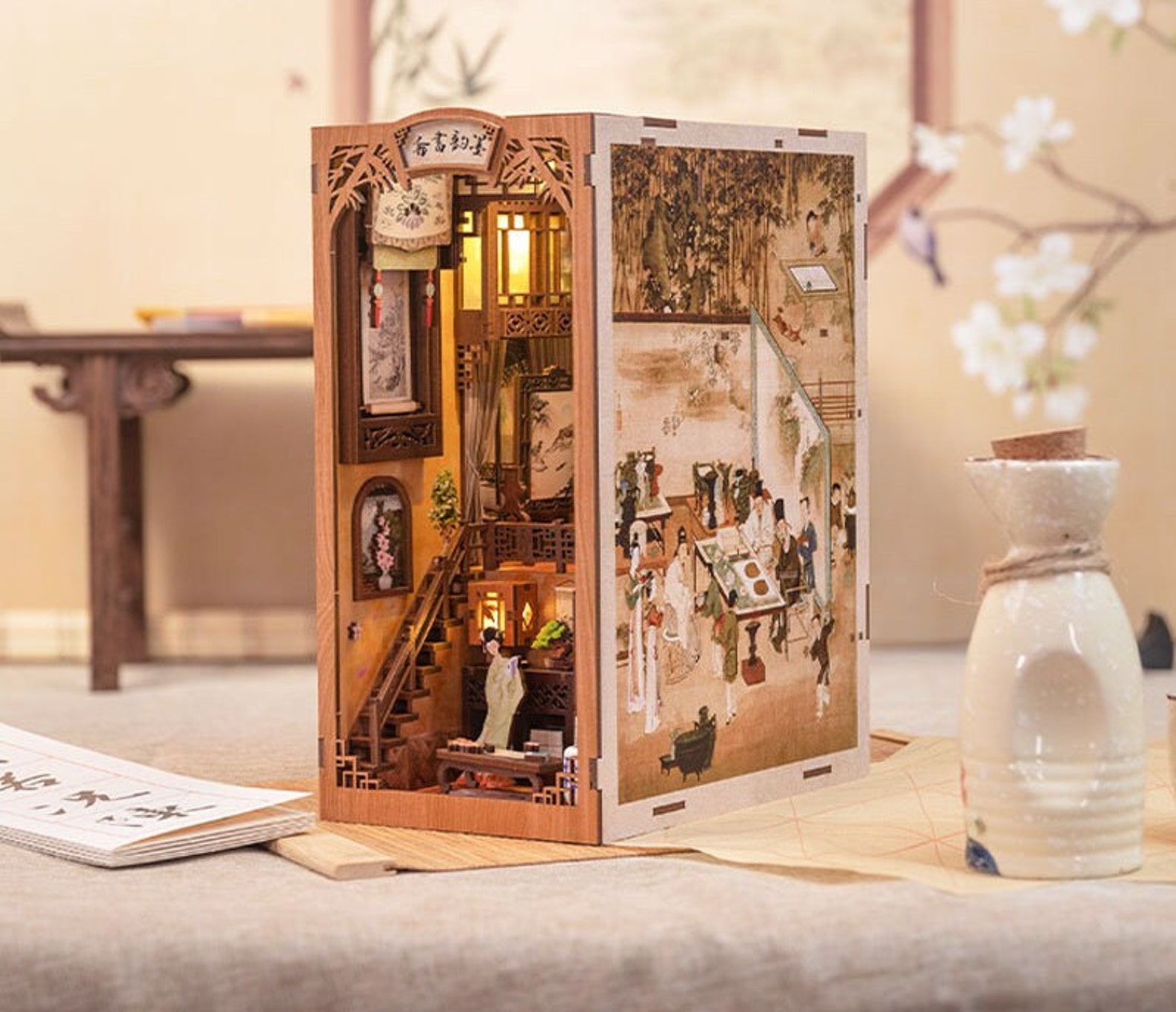 Ink Rhyme Bookstore Book Nook Kit With Touch Light, Miniature Bookcase