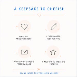 K&ouml;nnte beinhalten: Eine cremefarbene Karte mit dem Text "A Keepsake to Cherish". Die Karte zeigt Symbole eines Herzens, eines Bleistifts, eines Umschlags und eines Sterns mit den begleitenden Texten: "Beautiful Announcement", "Personalised Just For You", "Printed on Quality Premium Card" und "A Memory to Treasure Forever."