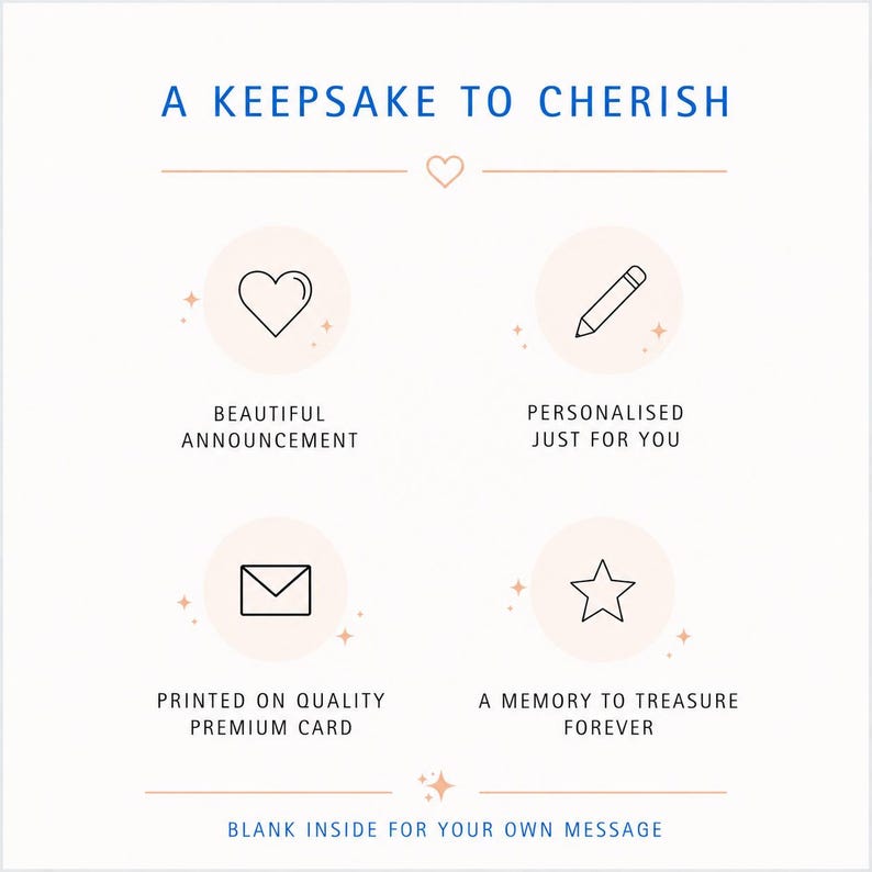 K&ouml;nnte beinhalten: Eine cremefarbene Karte mit dem Text "A Keepsake to Cherish". Die Karte zeigt Symbole eines Herzens, eines Bleistifts, eines Umschlags und eines Sterns mit den begleitenden Texten: "Beautiful Announcement", "Personalised Just For You", "Printed on Quality Premium Card" und "A Memory to Treasure Forever."
