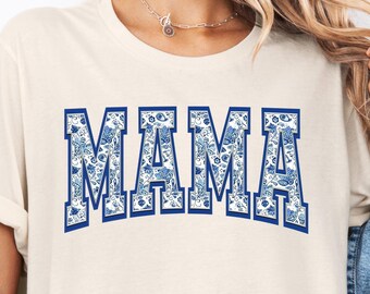 Mama Shirt, Blue Toile Floral Mama Shirt, Mothers Day Gift, New Mom Tee, Trendy Mom Tshirt, Women's Flower Mama Shirt