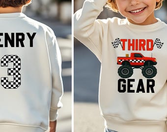 Custom Third Gear Birthday Sweatshirt, Monster Truck Sweater For Birthday Boy, Birthday Party for Kids, Family Matching Sweatshirt