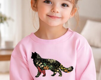 Floral Cat Sweatshirt, Cat Lover Gift, Nature Trees Wild Flowers Hoodie, Mothers Day Gift, Boho Cat Plants Sweatshirt, Cat Kids Sweater