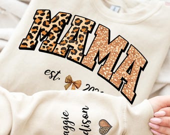 Custom Leopard Mama Sweatshirt, Personalized Mama Est 2026 Sweatshirt Kid Name on Sleeve, Mothers Day Gift, Gift For Mom, Custom Hoodie