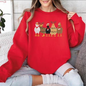 Сute Christmas Chickens Embroidered Sweatshirt, Christmas Farm Animals Sweatshirt, Christmas Holiday Sweatshirt Gift