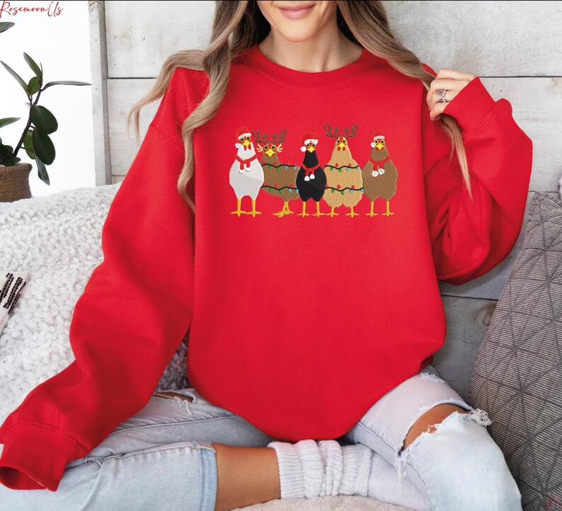 Сute Christmas Chickens Embroidered Sweatshirt, Christmas Farm Animals Sweatshirt, Christmas Holiday Sweatshirt Gift