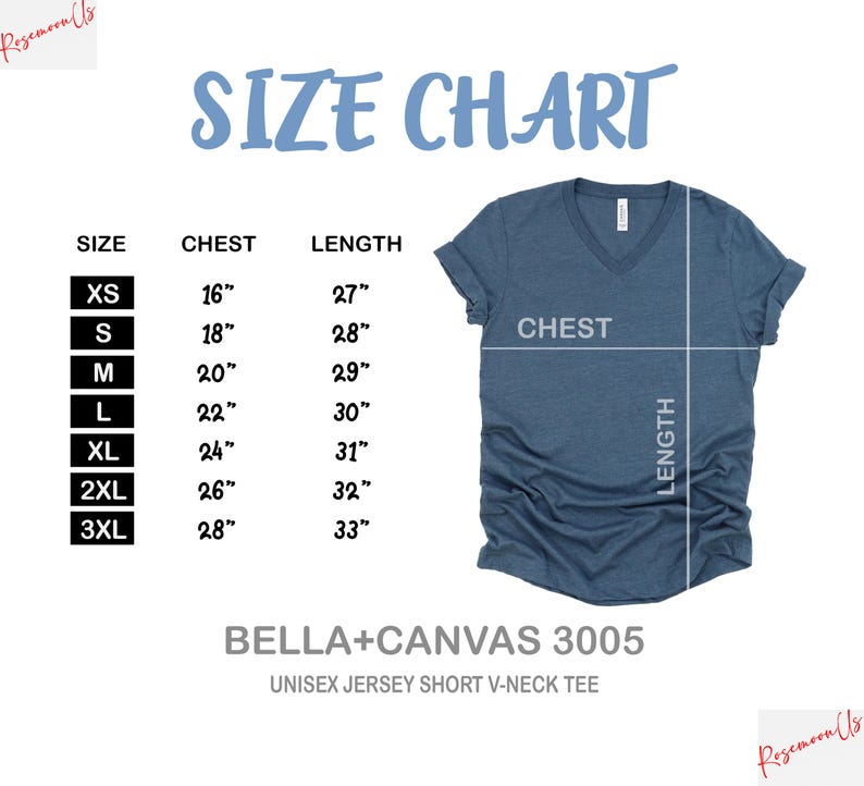 May include: A size chart for a unisex jersey short V-neck tee. The chart displays chest and length measurements in inches for sizes XS to 3XL. The tee is a blue-grey color.