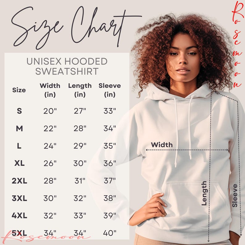 a woman wearing a white hoodie measurements chart