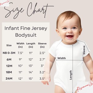 May include: A smiling baby wearing a white bodysuit, with a size chart for infant bodysuits. The chart lists sizes NB 0-3M to 24M, with measurements in inches for width, length, and sleeve length. The text "Size Chart" is at the top.