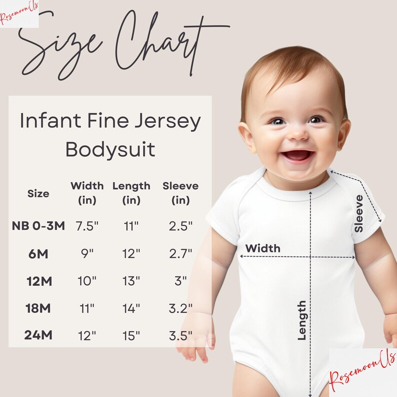 May include: A smiling baby wearing a white bodysuit, with a size chart for infant bodysuits. The chart lists sizes NB 0-3M to 24M, with measurements in inches for width, length, and sleeve length. The text "Size Chart" is at the top.