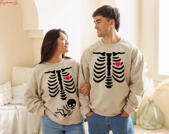Couple Maternity Sweatshirt, Skeleton Halloween Pregnancy Announcement Matching Sweatshirt, New Dad Gift