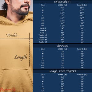 May include: A mustard-colored hoodie with a front pocket, featuring size charts for sweatshirts, hoodies, and long-sleeve t-shirts. The charts display measurements in inches for width and length, catering to various sizes.