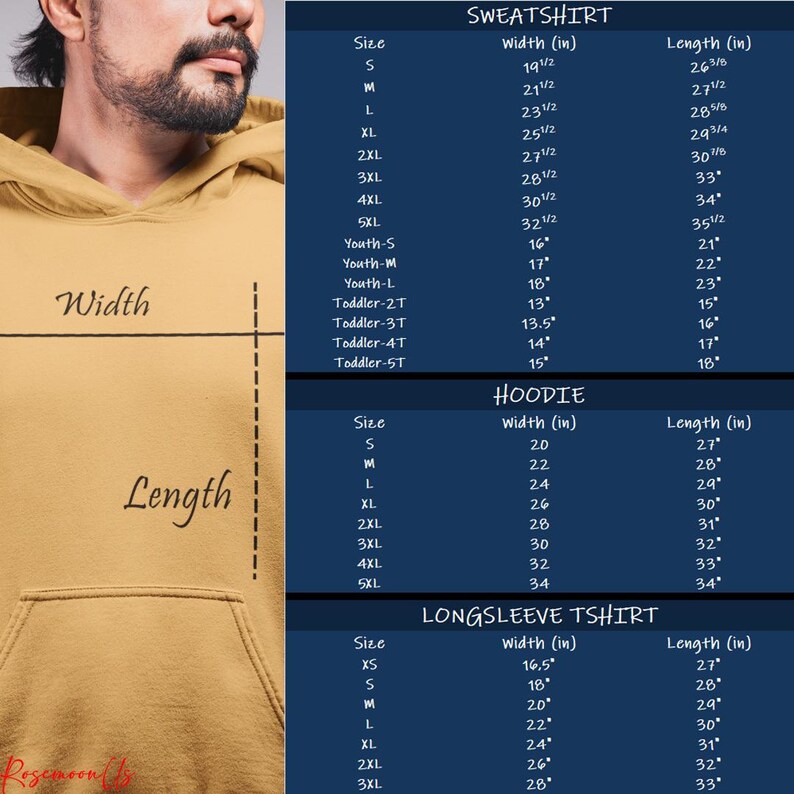 May include: A mustard-colored hoodie with a front pocket, featuring size charts for sweatshirts, hoodies, and long-sleeve t-shirts. The charts display measurements in inches for width and length, catering to various sizes.