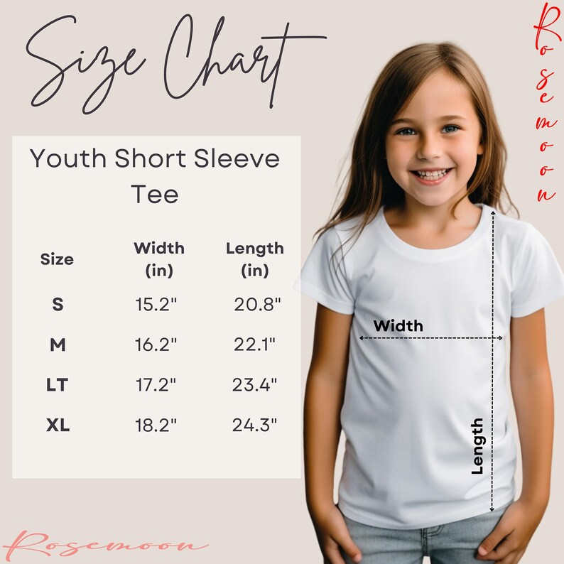 a young girl wearing a white shirt with the size chart