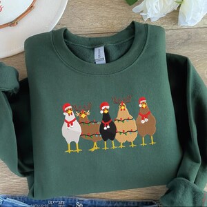 Сute Christmas Chickens Embroidered Sweatshirt, Christmas Farm Animals Sweatshirt, Christmas Holiday Sweatshirt Gift