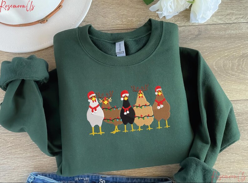 Сute Christmas Chickens Embroidered Sweatshirt, Christmas Farm Animals Sweatshirt, Christmas Holiday Sweatshirt Gift