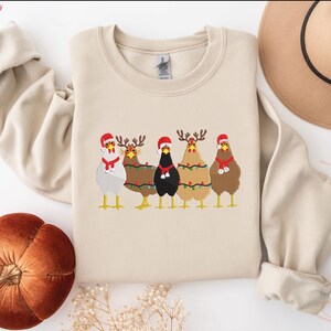 Сute Christmas Chickens Embroidered Sweatshirt, Christmas Farm Animals Sweatshirt, Christmas Holiday Sweatshirt Gift